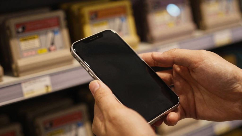 Moody close-up of hands inspecting a certified pre-owned mobile screen inside a game shop, warm gold lighting, retro game cartridges blurred in the background